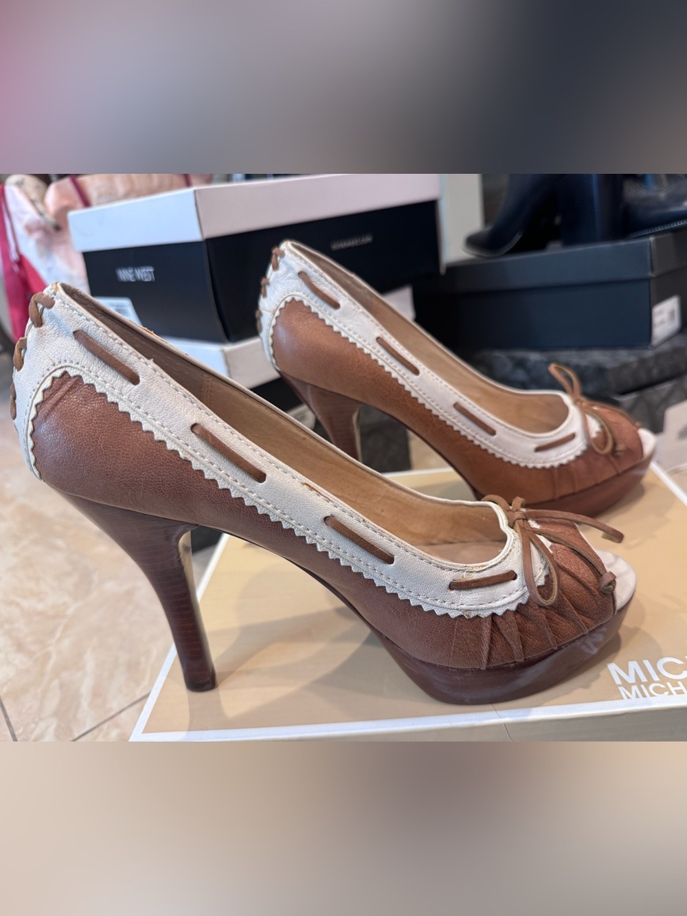 Michael Kors Brown and White Peep-Toe High Heel Pumps - Picture 2 of 4